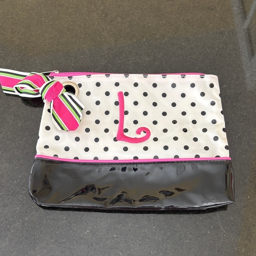 Mud Pie Black & White All PVC Polka Dot Cosmetic Bag Clutch Monogramed Pink “L”